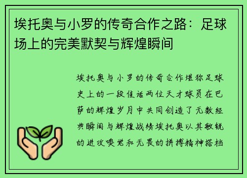 埃托奥与小罗的传奇合作之路：足球场上的完美默契与辉煌瞬间