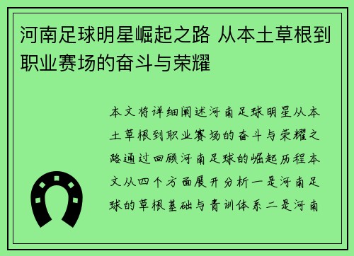 河南足球明星崛起之路 从本土草根到职业赛场的奋斗与荣耀