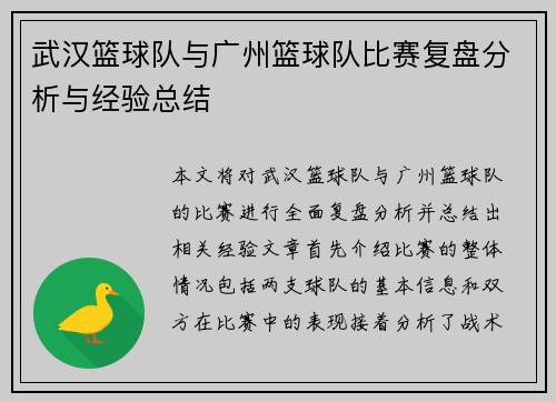武汉篮球队与广州篮球队比赛复盘分析与经验总结